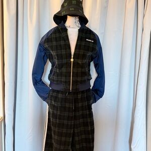 Adidas Women's Green and Navy Plaid Bomber Jacket, pants and hat.